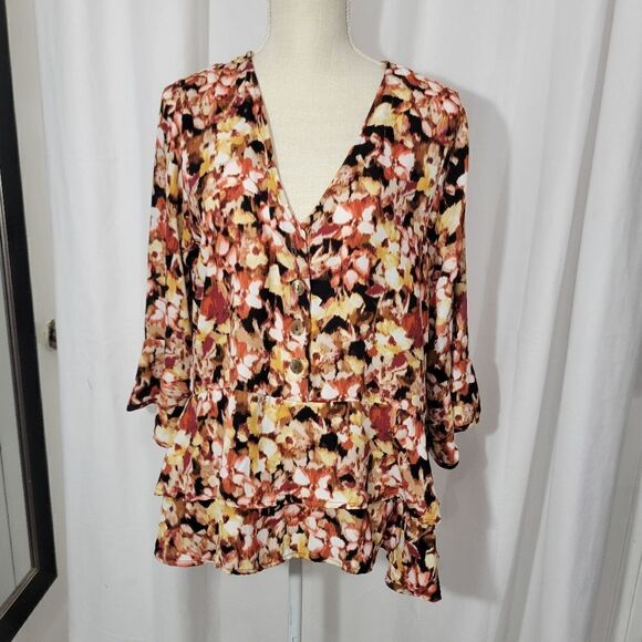 Ophelia Roe Size Large Ruffle Tunic V Neck 3/4 Sleeve Top - Picture 4 of 12